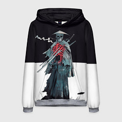 Толстовка-худи мужская Скелет Самурай с трубкой на черно белом фоне, цвет: 3D-меланж