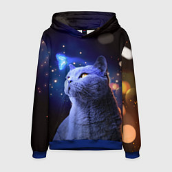 Толстовка-худи мужская КОТ И ГОЛУБАЯ БАБОЧКА, цвет: 3D-синий