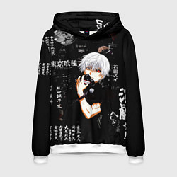 Толстовка-худи мужская Токийский Гуль на фоне Иероглифов Tokyo Ghoul, цвет: 3D-белый
