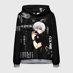Толстовка-худи мужская Токийский Гуль на фоне Иероглифов Tokyo Ghoul, цвет: 3D-меланж