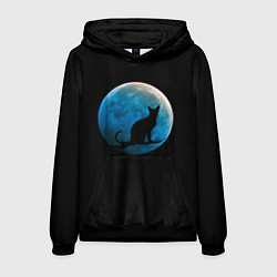 Толстовка-худи мужская Силуэт кота на фоне синей луны, цвет: 3D-черный