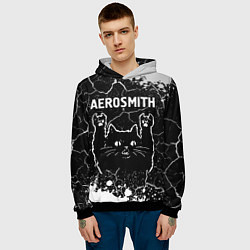 Толстовка-худи мужская Группа Aerosmith и Рок Кот, цвет: 3D-черный — фото 2
