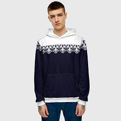 Толстовка-худи мужская Белое кружево на темном синем фоне, цвет: 3D-белый — фото 2