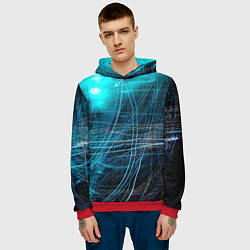 Толстовка-худи мужская Неоновые волны и линии - Голубой, цвет: 3D-красный — фото 2
