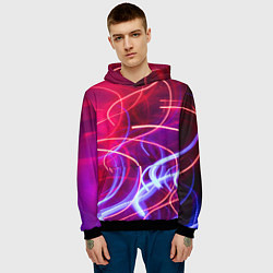 Толстовка-худи мужская Неоновые линии и фонари - Красный, цвет: 3D-черный — фото 2