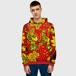 Толстовка-худи мужская Хохломская Роспись Две Птици На Красном Фоне, цвет: 3D-красный — фото 2