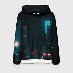 Толстовка-худи мужская Неоновые высотки в городе - Светло-синий, цвет: 3D-белый