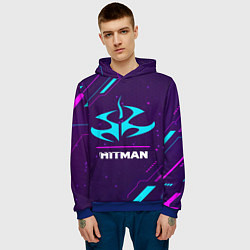 Толстовка-худи мужская Символ Hitman в неоновых цветах на темном фоне, цвет: 3D-синий — фото 2