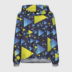 Толстовка-худи мужская Абстракция Из Жёлтых и Синих Треугольников На Тёмн, цвет: 3D-меланж