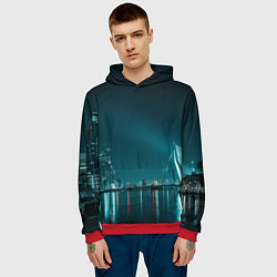 Толстовка-худи мужская Неоновый мост и город - Светло-синий, цвет: 3D-красный — фото 2