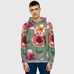 Толстовка-худи мужская Цветы Нарисованные Розы и Пионы, цвет: 3D-меланж — фото 2
