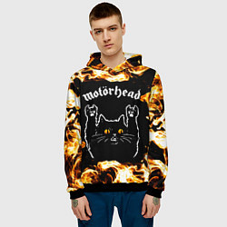 Толстовка-худи мужская Motorhead рок кот и огонь, цвет: 3D-черный — фото 2