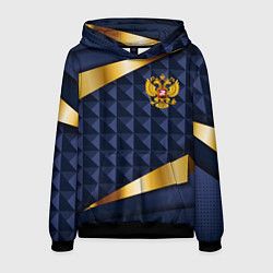Толстовка-худи мужская Золотой герб России на объемном синим фоне, цвет: 3D-черный