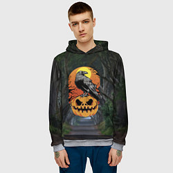 Толстовка-худи мужская Ворон, сидящий на тыкве - Halloween, цвет: 3D-меланж — фото 2