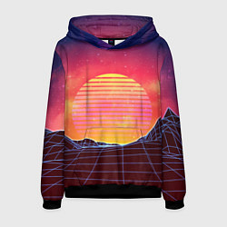 Толстовка-худи мужская Абстрактные 3D неоновые горы на закате, цвет: 3D-черный