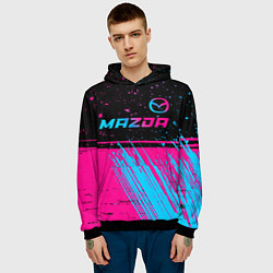 Толстовка-худи мужская Mazda - neon gradient: символ сверху, цвет: 3D-черный — фото 2