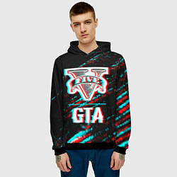 Толстовка-худи мужская GTA в стиле glitch и баги графики на темном фоне, цвет: 3D-черный — фото 2