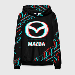 Толстовка-худи мужская Значок Mazda в стиле glitch на темном фоне, цвет: 3D-черный