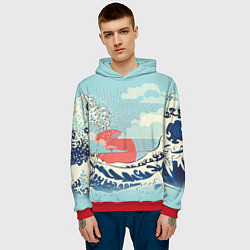 Толстовка-худи мужская Морской пейзаж с большими волнами на закате, цвет: 3D-красный — фото 2