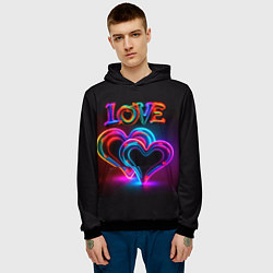 Толстовка-худи мужская Love - неоновые сердца, цвет: 3D-черный — фото 2
