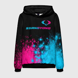 Толстовка-худи мужская SsangYong - neon gradient: символ сверху, цвет: 3D-черный