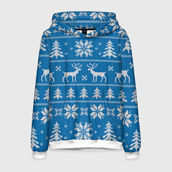 Толстовка-худи мужская Рождественский синий свитер с оленями, цвет: 3D-белый