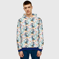 Толстовка-худи мужская Новогодний паттерн - Кролики и веточки, цвет: 3D-синий — фото 2