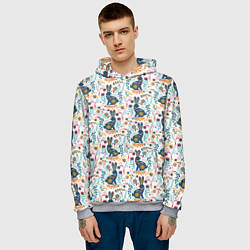 Толстовка-худи мужская Новогодний паттерн - Кролики и веточки, цвет: 3D-меланж — фото 2
