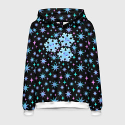 Толстовка-худи мужская Снежинки в ночном небе с цветными звездами, цвет: 3D-белый