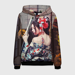 Толстовка-худи мужская Японская девушка с самурайским мечом, цвет: 3D-черный