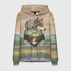 Толстовка-худи мужская Портрет волка в технике двойной экспозиции, цвет: 3D-меланж