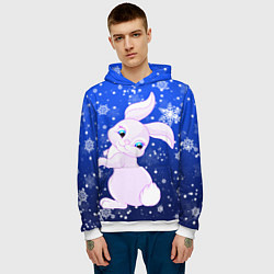 Толстовка-худи мужская Кролик на фоне снежинок, цвет: 3D-белый — фото 2