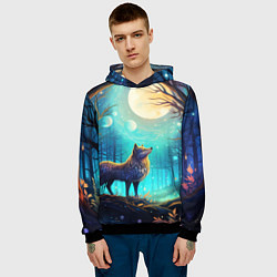 Толстовка-худи мужская Волк в ночном лесу в folk art стиле, цвет: 3D-черный — фото 2