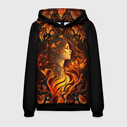 Толстовка-худи мужская Девушка в стиле ар-нуво с огнем и осенними листьям, цвет: 3D-черный