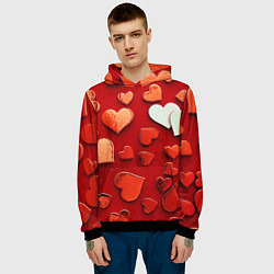 Толстовка-худи мужская Красные сердца на красном фоне, цвет: 3D-черный — фото 2
