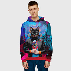 Толстовка-худи мужская Чёрная модница кошка - нейросеть, цвет: 3D-красный — фото 2
