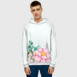 Толстовка-худи мужская Цветы нарисованные акварелью - снизу, цвет: 3D-белый — фото 2