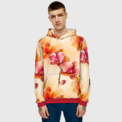Толстовка-худи мужская Акварельные цветы - персиковый паттерн, цвет: 3D-красный — фото 2
