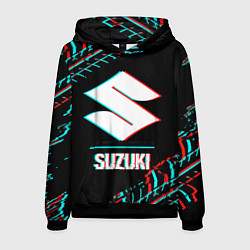 Толстовка-худи мужская Значок Suzuki в стиле glitch на темном фоне, цвет: 3D-черный