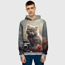 Толстовка-худи мужская Серый котенок, винтажное фото, цвет: 3D-меланж — фото 2