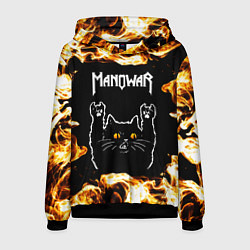Толстовка-худи мужская Manowar рок кот и огонь, цвет: 3D-черный