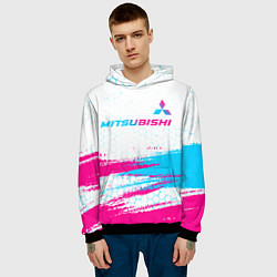 Толстовка-худи мужская Mitsubishi neon gradient style: символ сверху, цвет: 3D-черный — фото 2