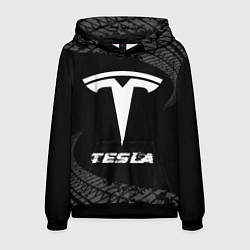 Толстовка-худи мужская Tesla speed на темном фоне со следами шин, цвет: 3D-черный
