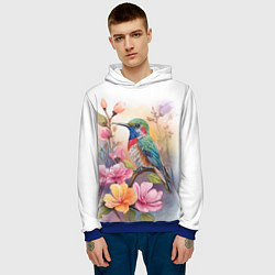 Толстовка-худи мужская Колибри и цветы - акварель, цвет: 3D-синий — фото 2