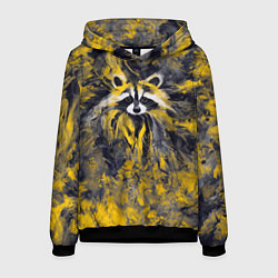 Толстовка-худи мужская Абстрактный желтый енот в стиле арт, цвет: 3D-черный