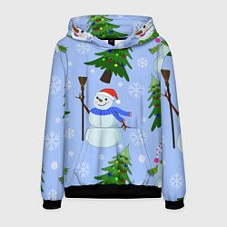 Толстовка-худи мужская Снеговики с новогодними елками паттерн, цвет: 3D-черный