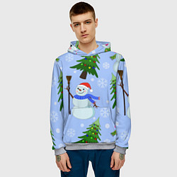 Толстовка-худи мужская Снеговики с новогодними елками паттерн, цвет: 3D-меланж — фото 2