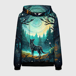 Толстовка-худи мужская Волк в ночном лесу фолк-арт, цвет: 3D-черный