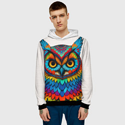 Толстовка-худи мужская Сова желтоглазая с разноцветными перьями, цвет: 3D-черный — фото 2
