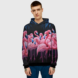 Толстовка-худи мужская Стая розовых фламинго в темноте, цвет: 3D-черный — фото 2